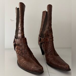Donald J Pliner Croc Embossed Brown Leather Harness Boots 8M Made in Italy